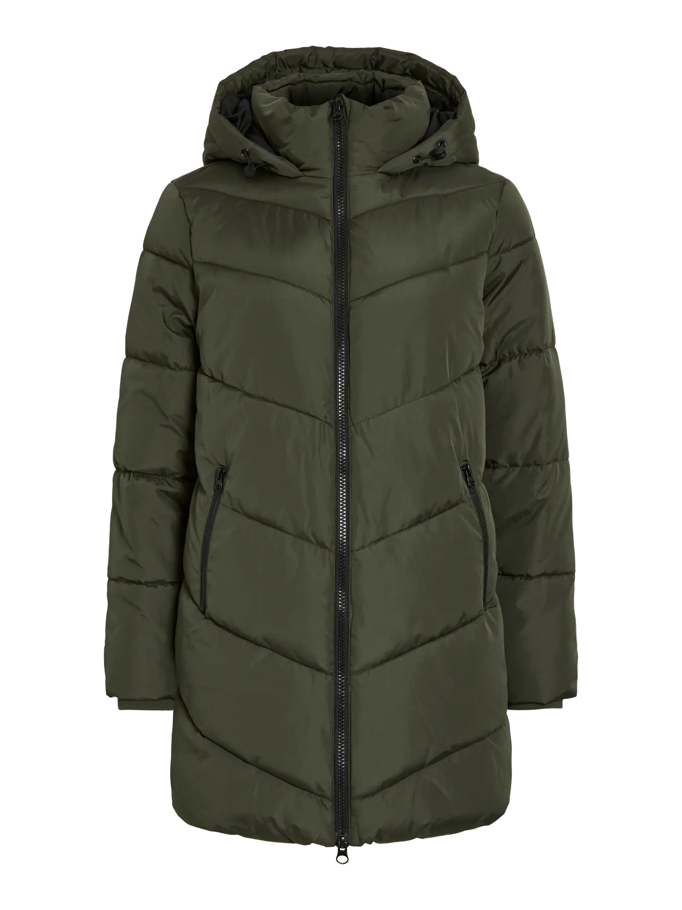 Chaqueta verde militar con capucha y cremalleras negras de V I L A