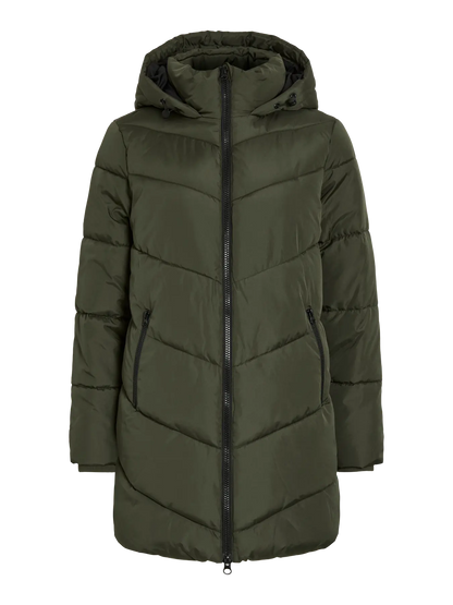 Chaqueta verde militar con capucha y cremalleras negras de V I L A