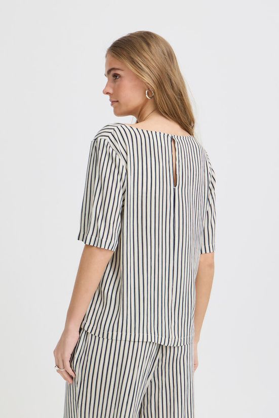 Conjunto de rayas verticales beige y azul marino ICHI – blusa + pantalón fluido