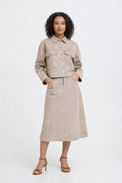 CHAQUETA DENIM BEIGE ARENA / TAUPE – CORTA