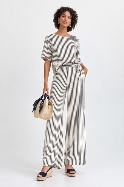 Conjunto de rayas verticales beige y azul marino ICHI – blusa + pantalón fluido