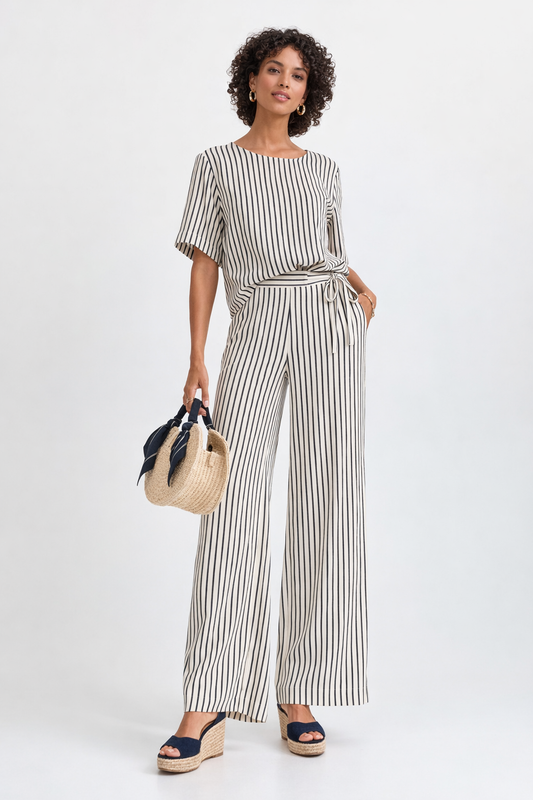 Conjunto de rayas verticales beige y azul marino ICHI – blusa + pantalón fluido