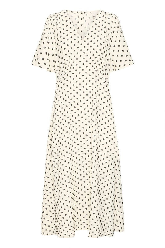 Vestido midi estampado relieve blanco roto – ICHI 🤍✨